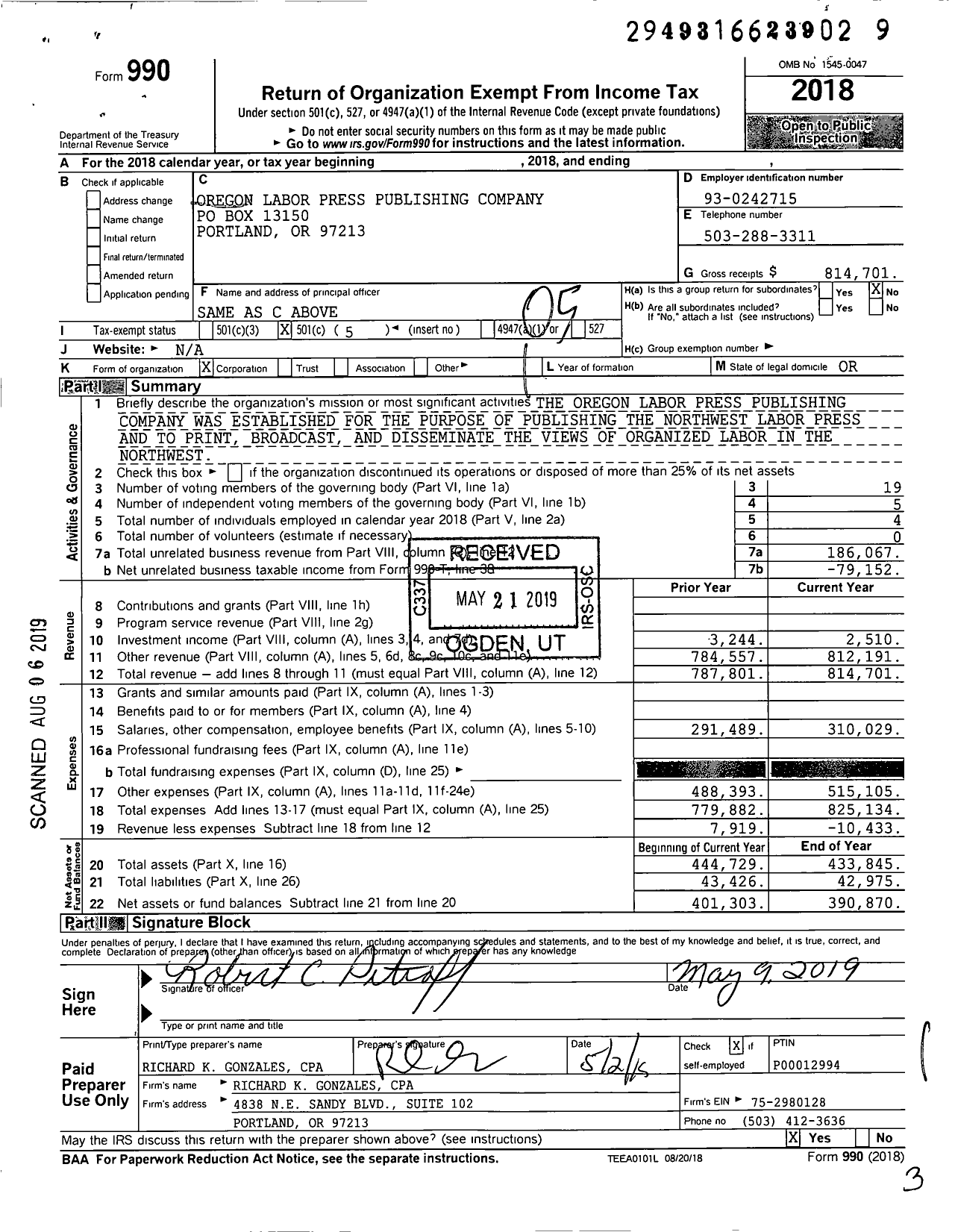 Image of first page of 2018 Form 990O for Oregon Labor Press Publishing Company