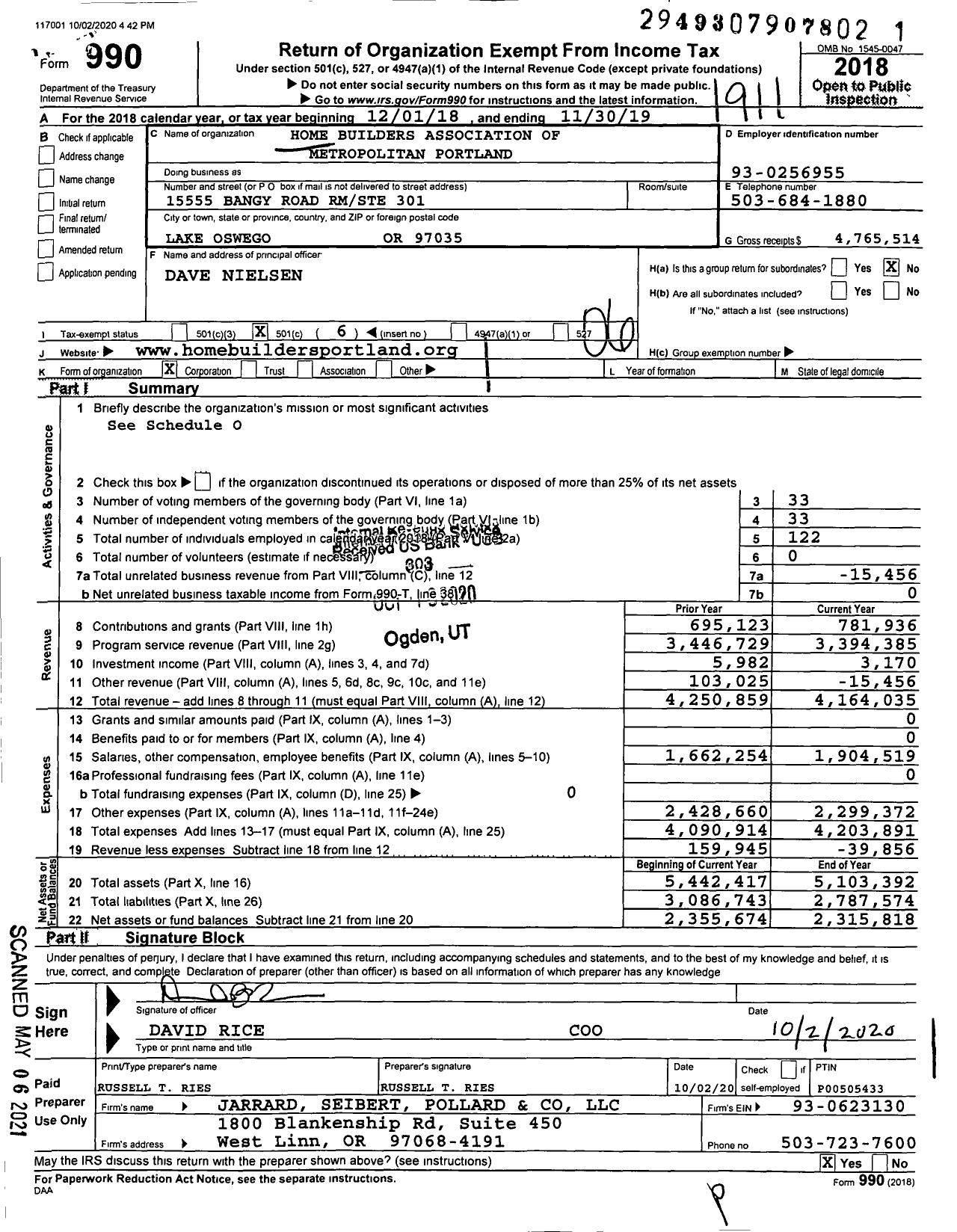 Image of first page of 2018 Form 990O for Home Builders Association of Metropolitan Portland