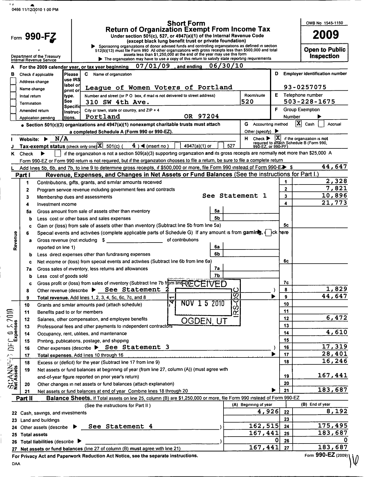 Image of first page of 2009 Form 990EO for League of Women Voters of Oregon / Portland