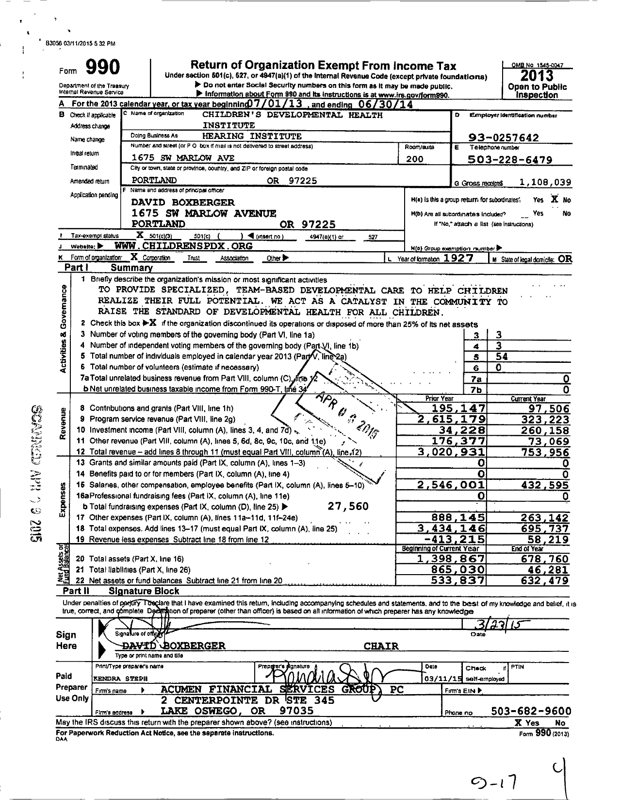 Image of first page of 2013 Form 990 for Childrens Developmental Health Institute