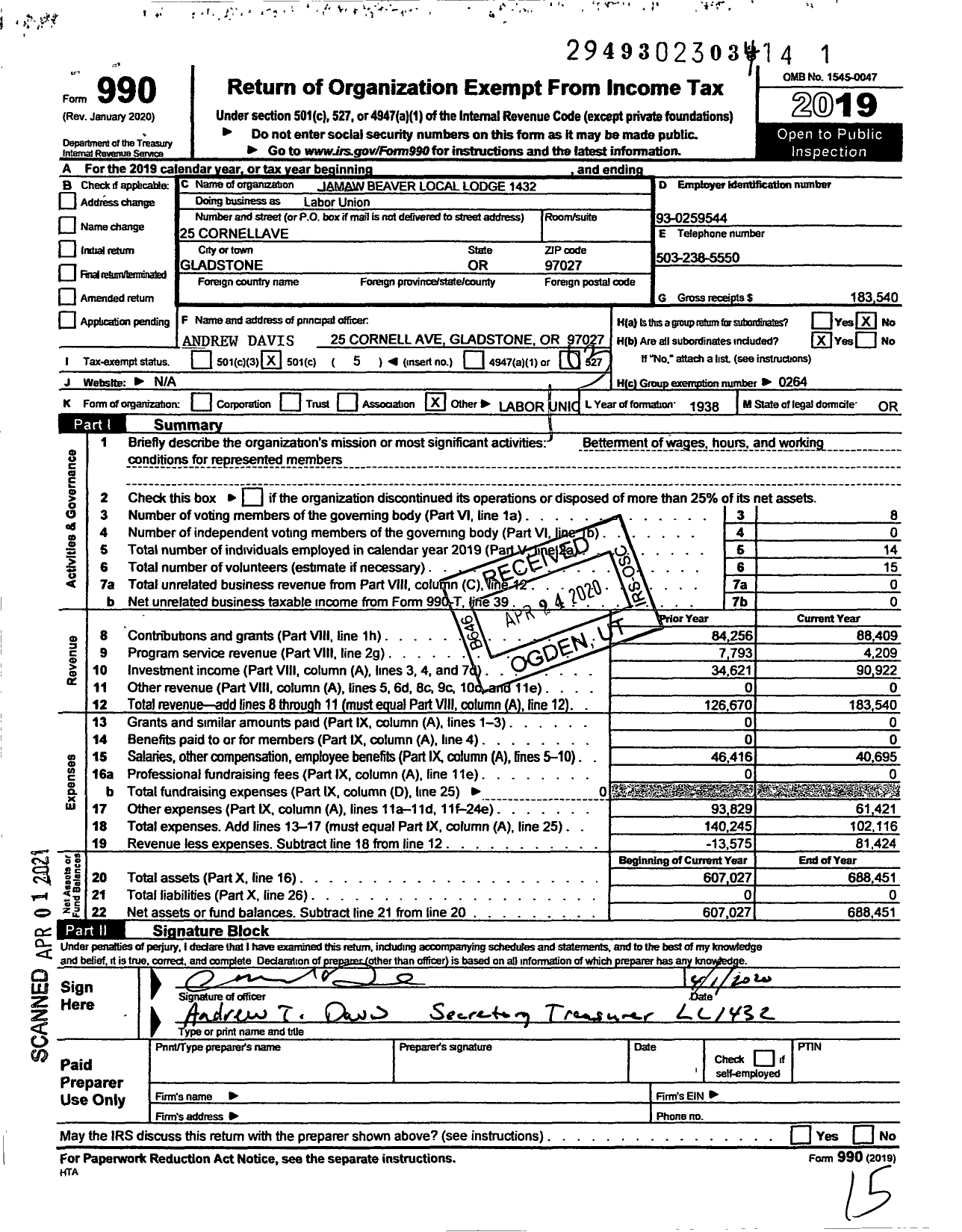 Image of first page of 2019 Form 990 for International Association of Machinists and Aerospace Workers - IAMAW Local Lodge 1432