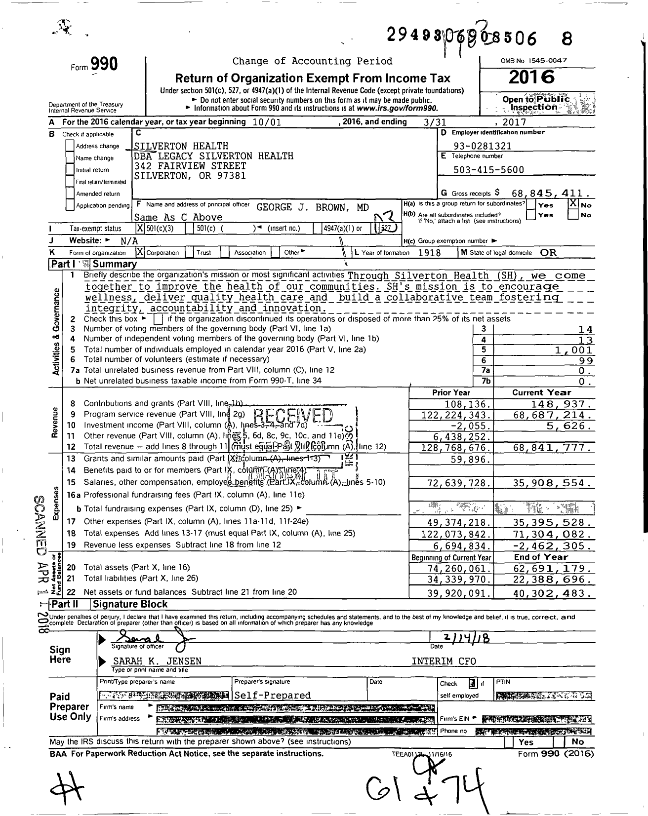 Image of first page of 2016 Form 990 for Legacy Silverton Health