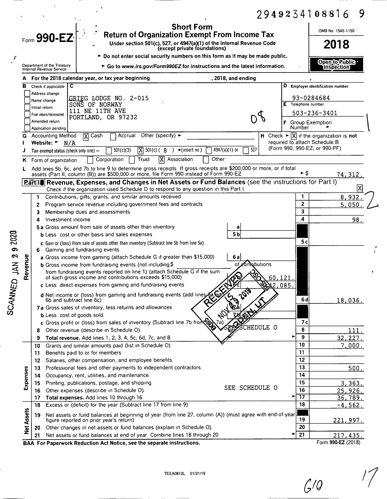 Image of first page of 2018 Form 990EO for sons of norway - 2-015 GRIEG