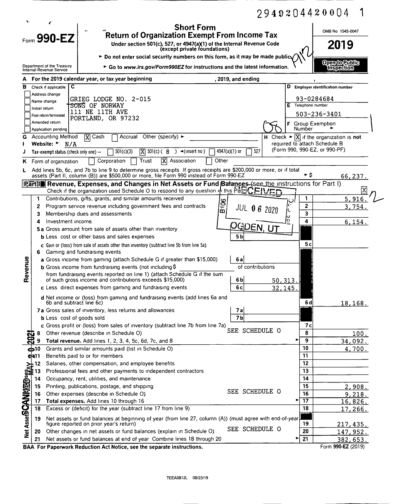 Image of first page of 2019 Form 990EO for sons of norway - 2-015 GRIEG