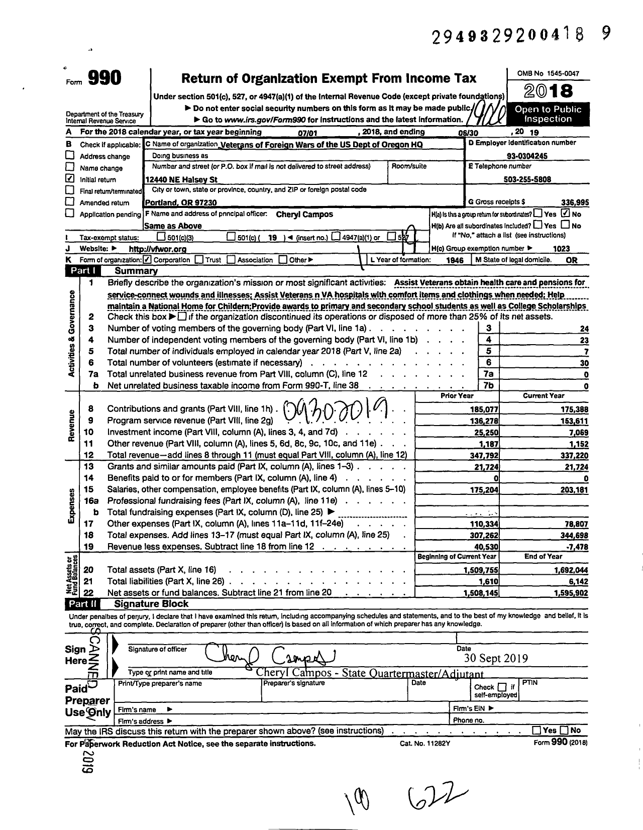 Image of first page of 2018 Form 990O for Veterans of Foreign Wars of the United States Dept of Oregon