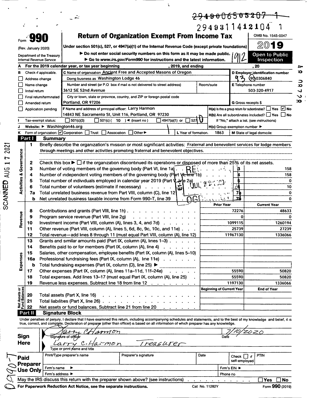 Image of first page of 2019 Form 990O for ANCIENT FREE & ACCEPTED MASONS OF OREGON - Washington Lodge AF & AM No 46