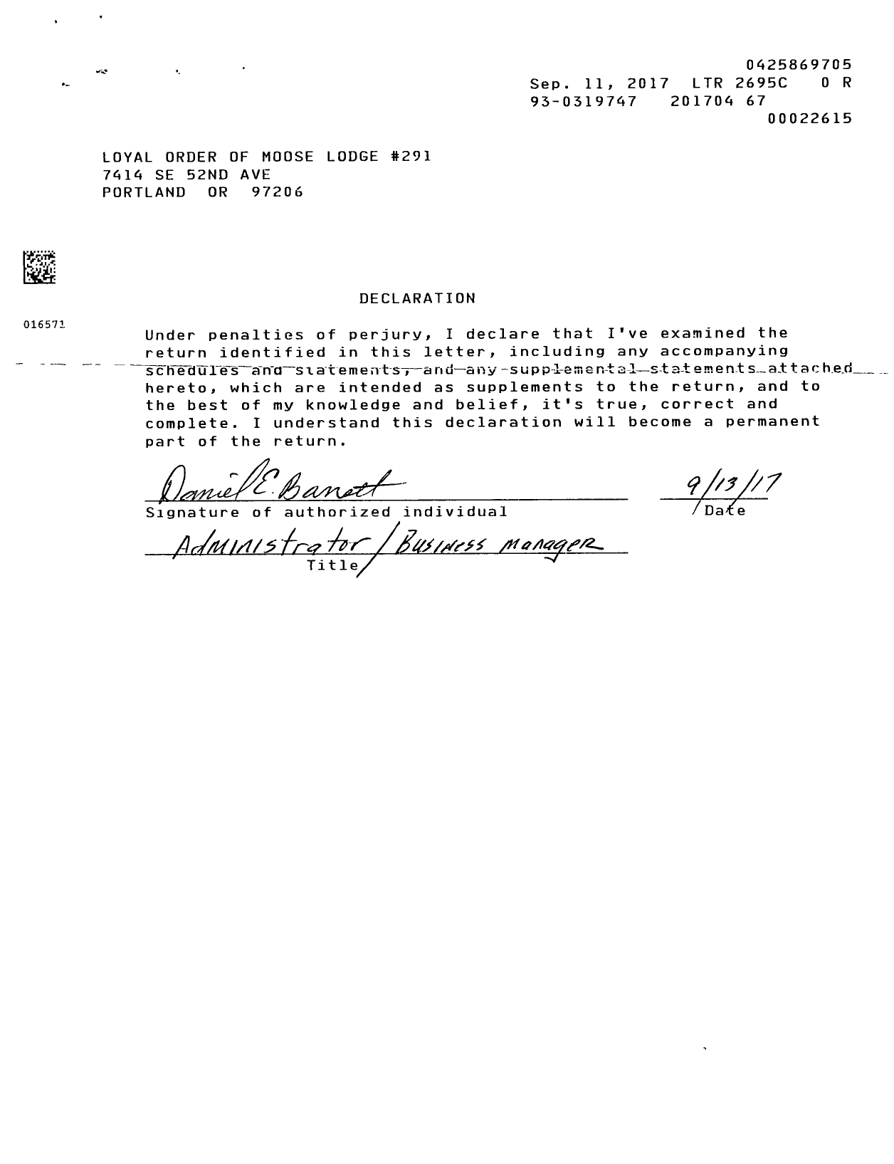 Image of first page of 2016 Form 990ER for Loyal Order of Moose - 291