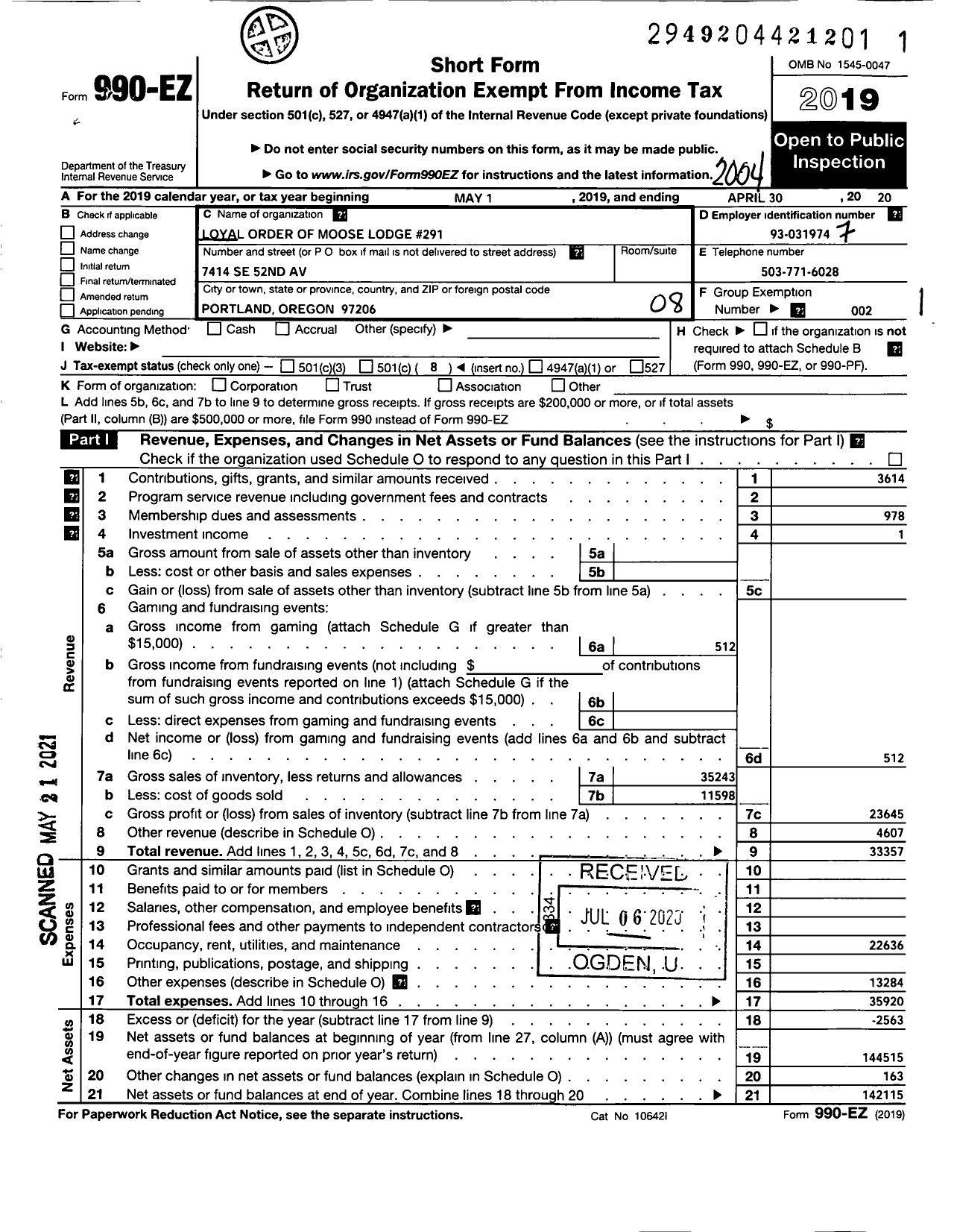 Image of first page of 2019 Form 990EO for Loyal Order of Moose - 291