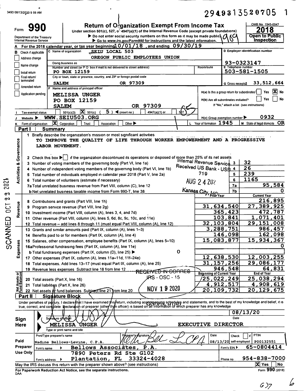 Image of first page of 2018 Form 990O for Service Employees International Union / 503 Local Oregon Public Employees U