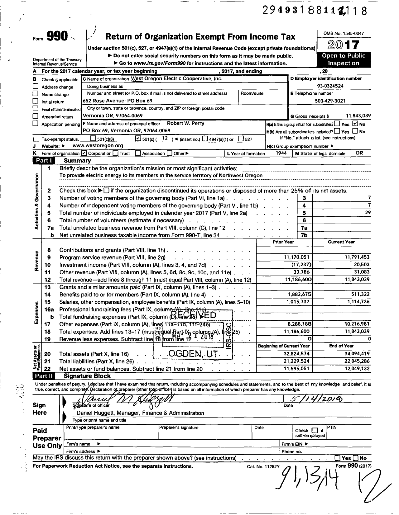 Image of first page of 2017 Form 990O for West Oregon Electric Cooperative