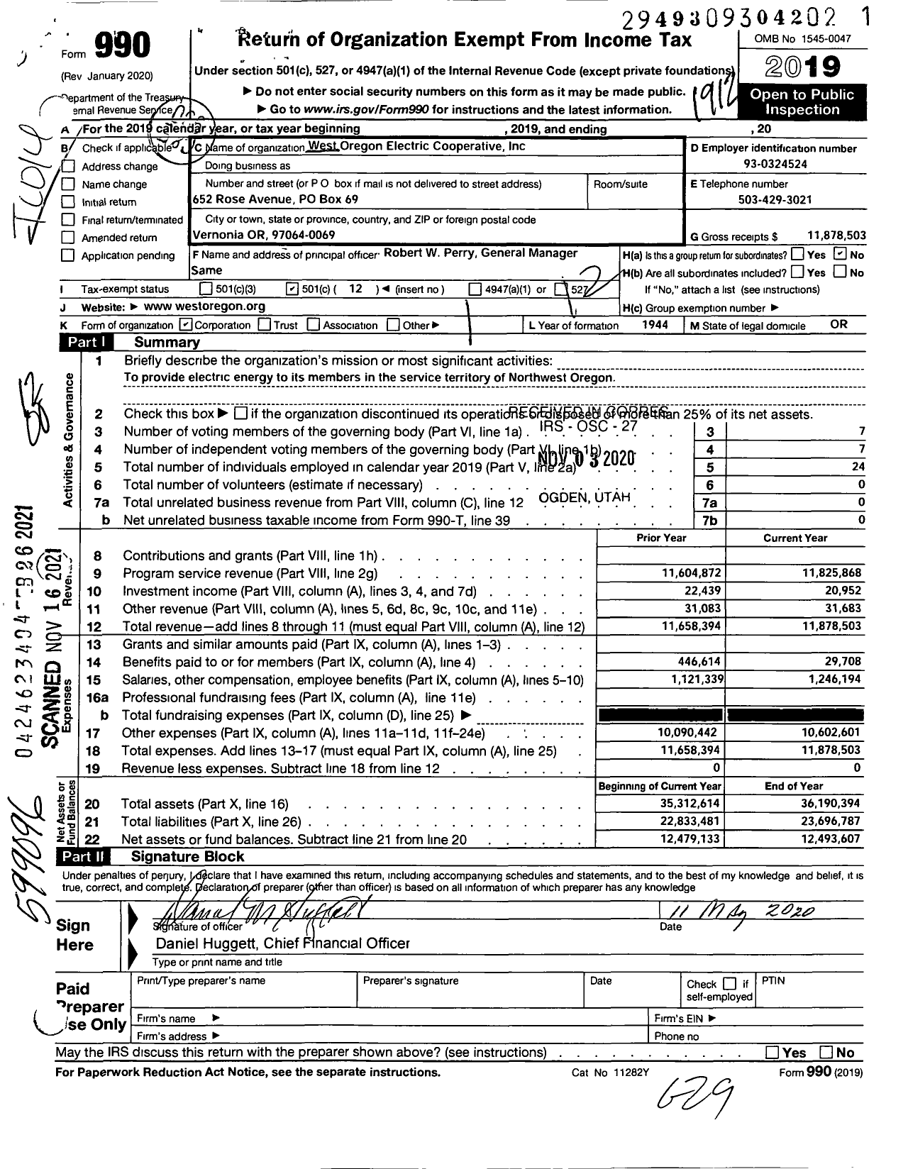 Image of first page of 2019 Form 990O for West Oregon Electric Cooperative
