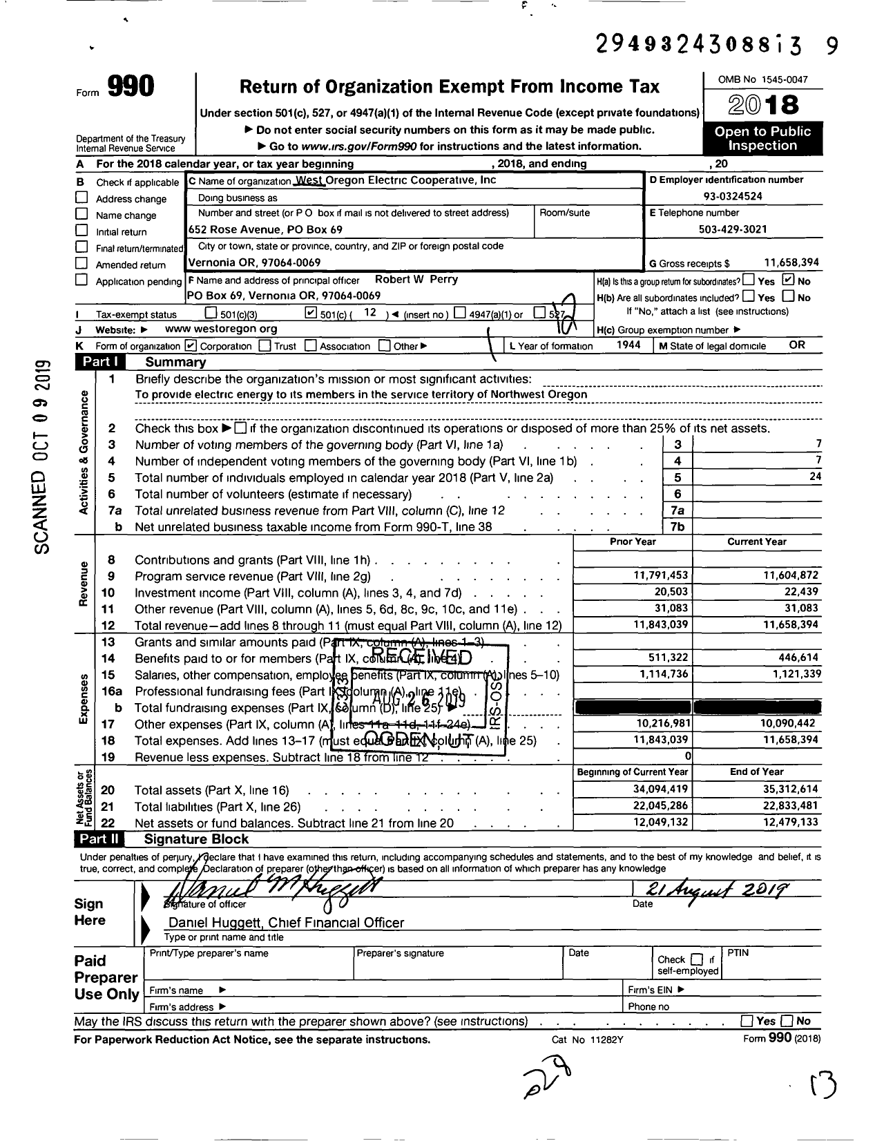 Image of first page of 2018 Form 990O for West Oregon Electric Cooperative