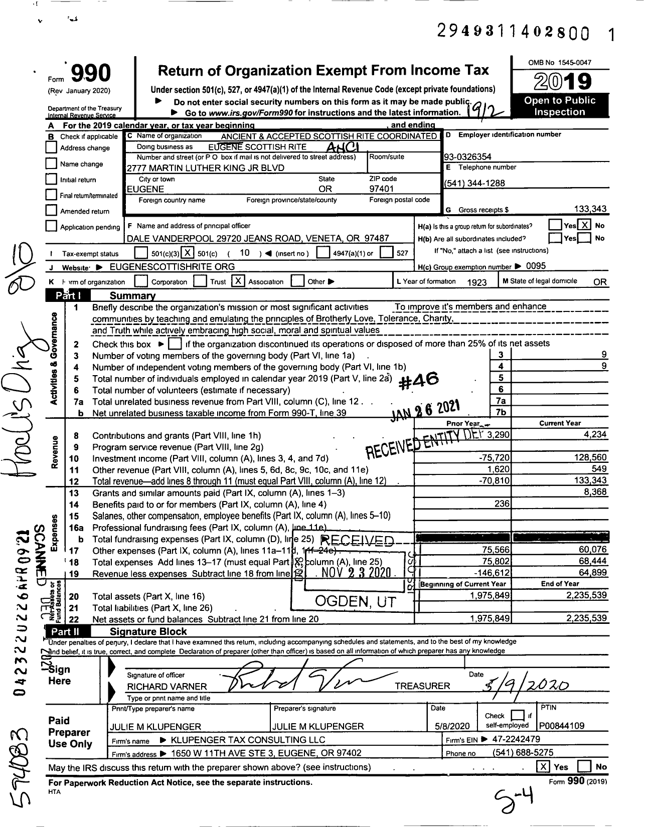 Image of first page of 2019 Form 990O for Scottish Rite of Freemasonry Southern Jurisdiction - Eugene Scottish Rite