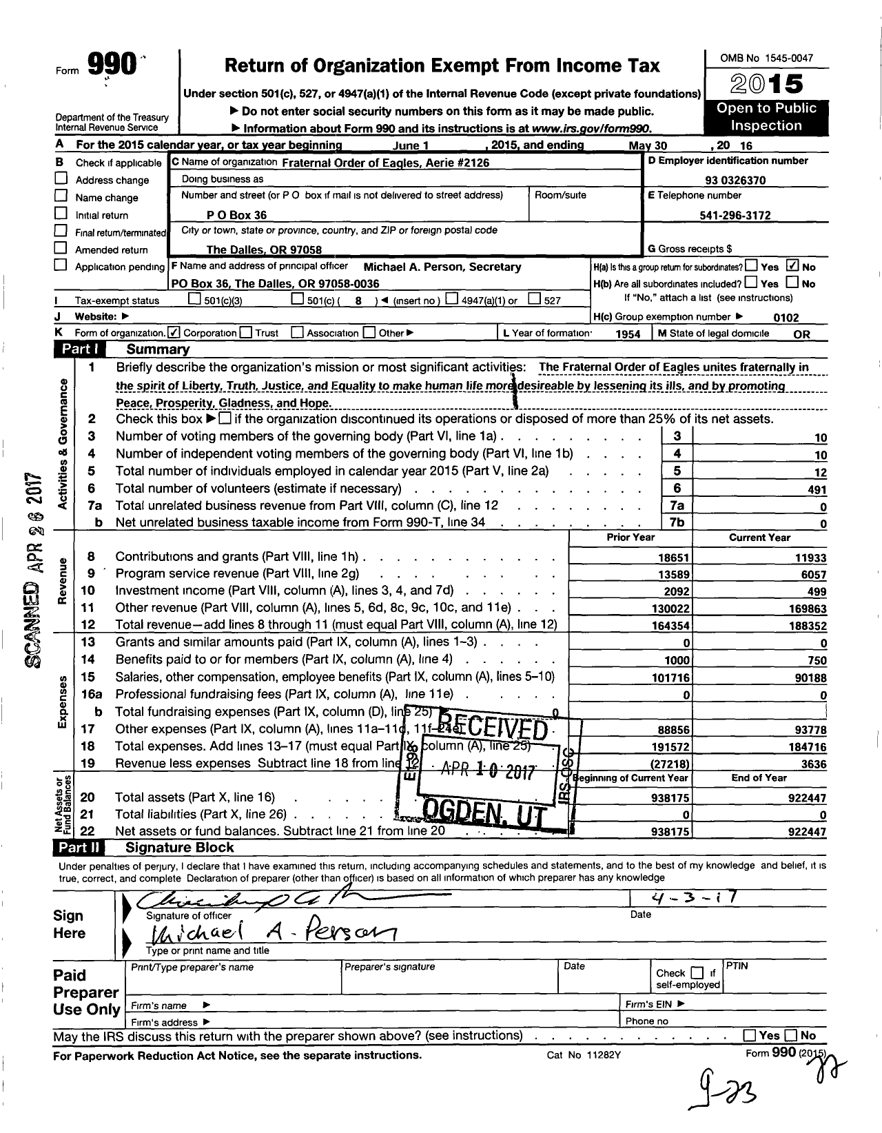 Image of first page of 2015 Form 990O for Fraternal Order of Eagles Aerie 2126