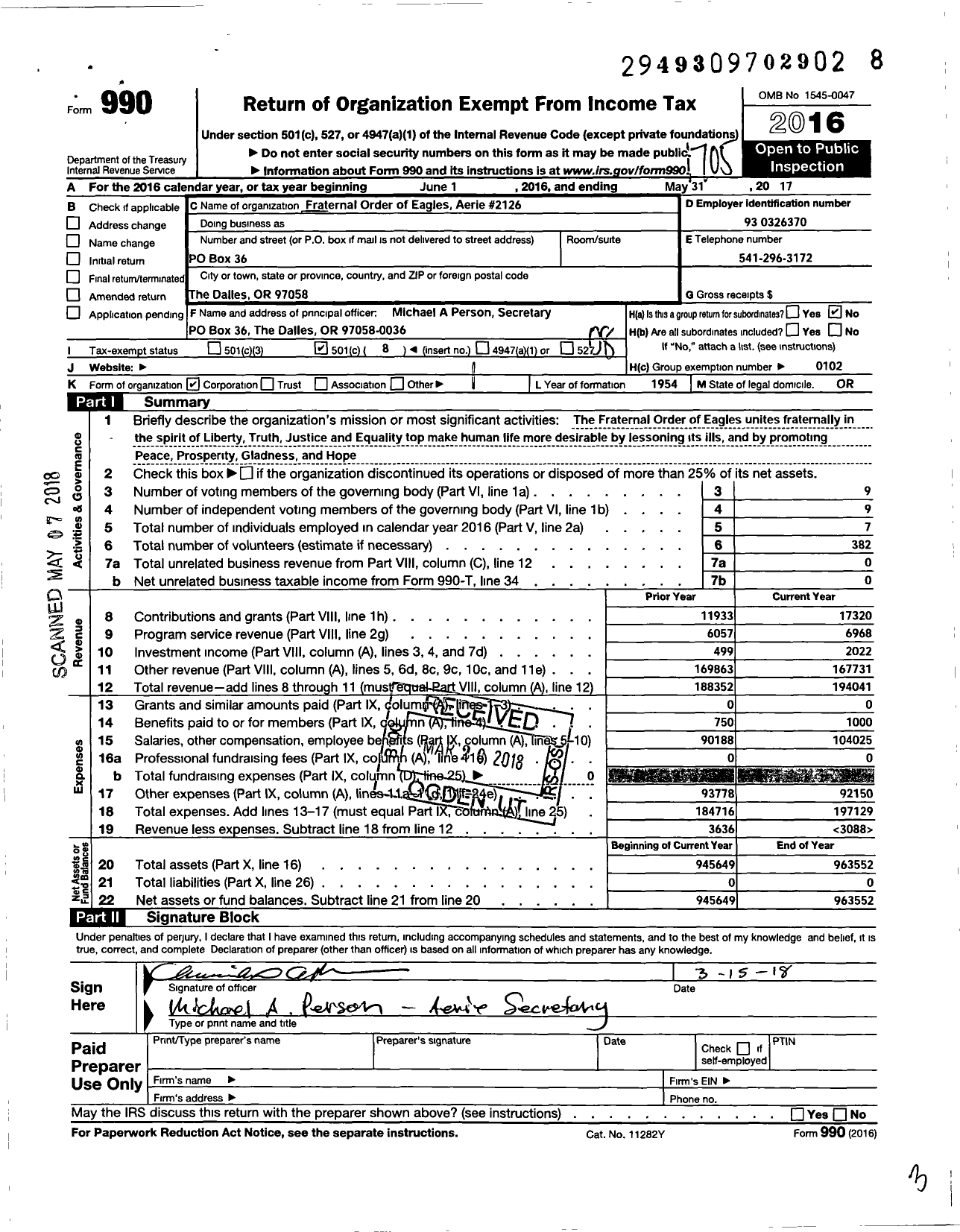 Image of first page of 2016 Form 990O for Fraternal Order of Eagles Aerie 2126