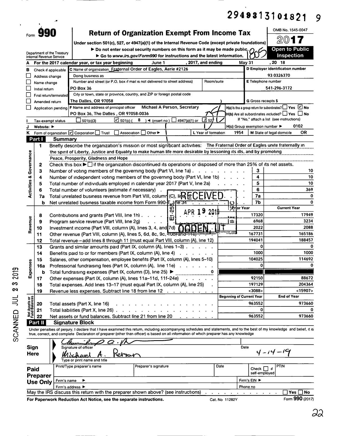 Image of first page of 2017 Form 990O for Fraternal Order of Eagles Aerie 2126