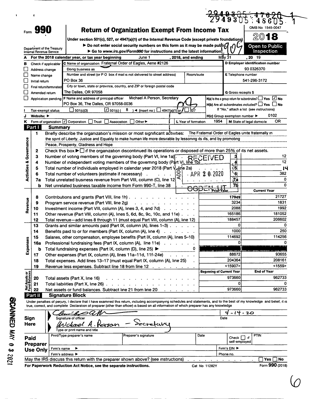 Image of first page of 2018 Form 990O for Fraternal Order of Eagles Aerie 2126