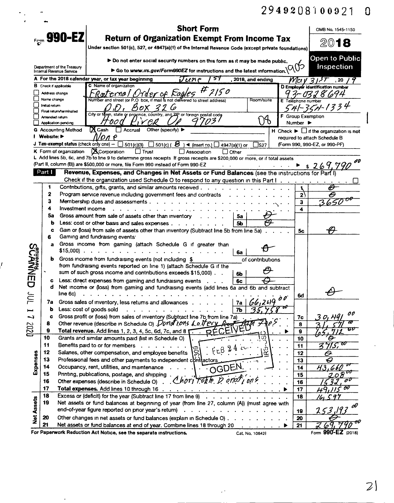 Image of first page of 2018 Form 990EO for Fraternal Order of Eagles - 2150 Aerie