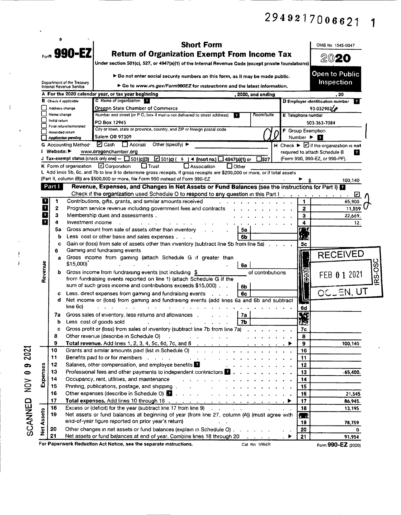 Image of first page of 2020 Form 990EO for Oregon State Chamber of Commerce