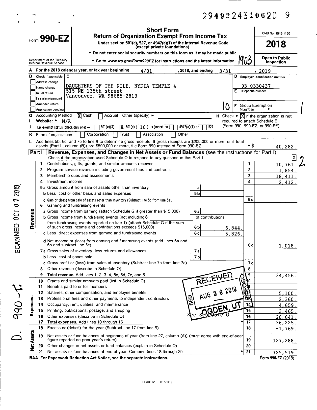 Image of first page of 2018 Form 990EO for Daughters of the Nile - 4 Nydia