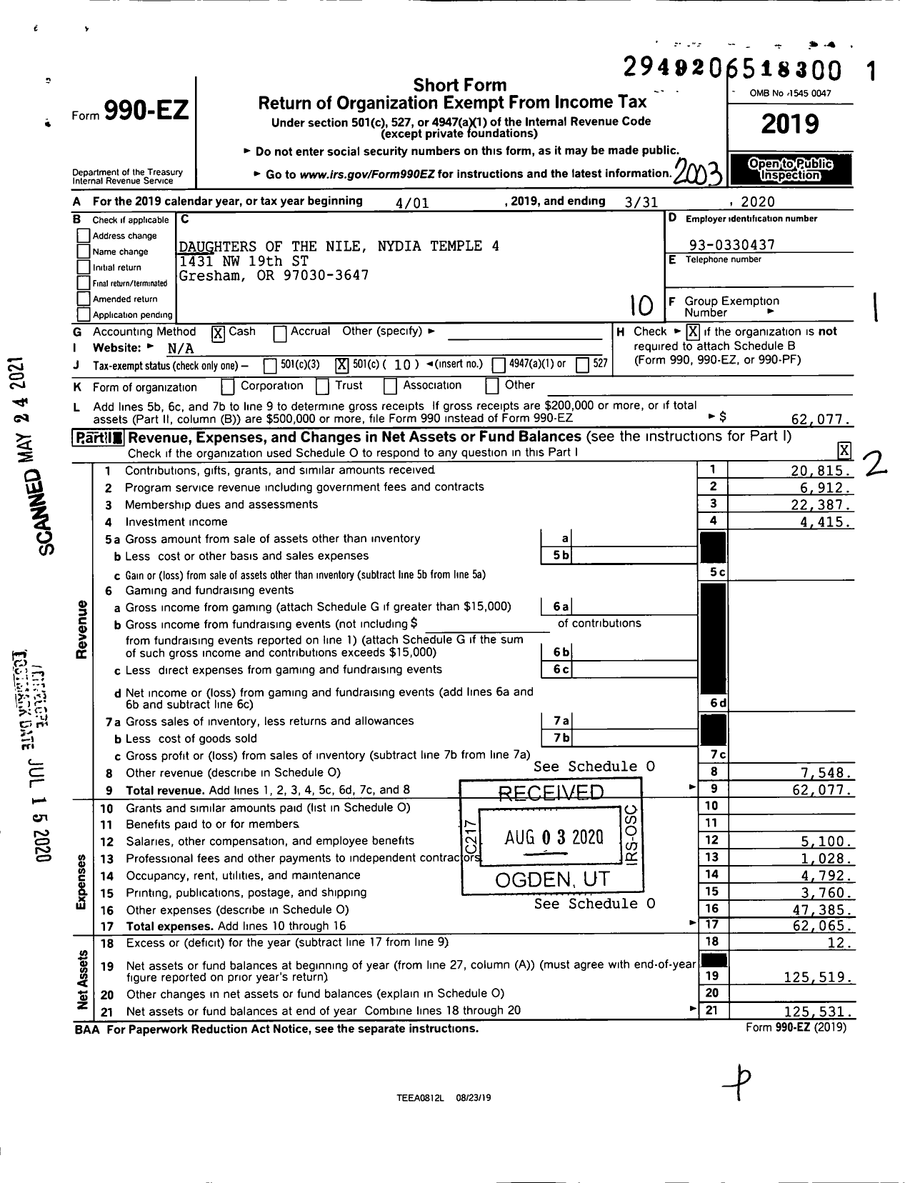 Image of first page of 2019 Form 990EO for Daughters of the Nile - 4 Nydia