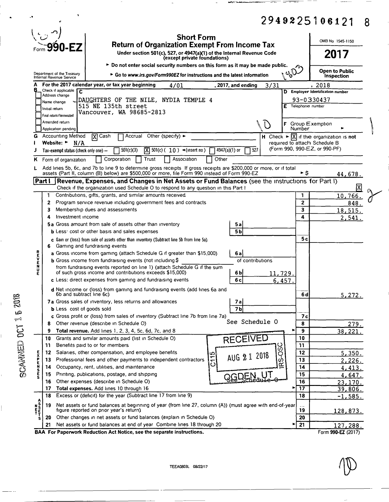 Image of first page of 2017 Form 990EO for Daughters of the Nile - 4 Nydia