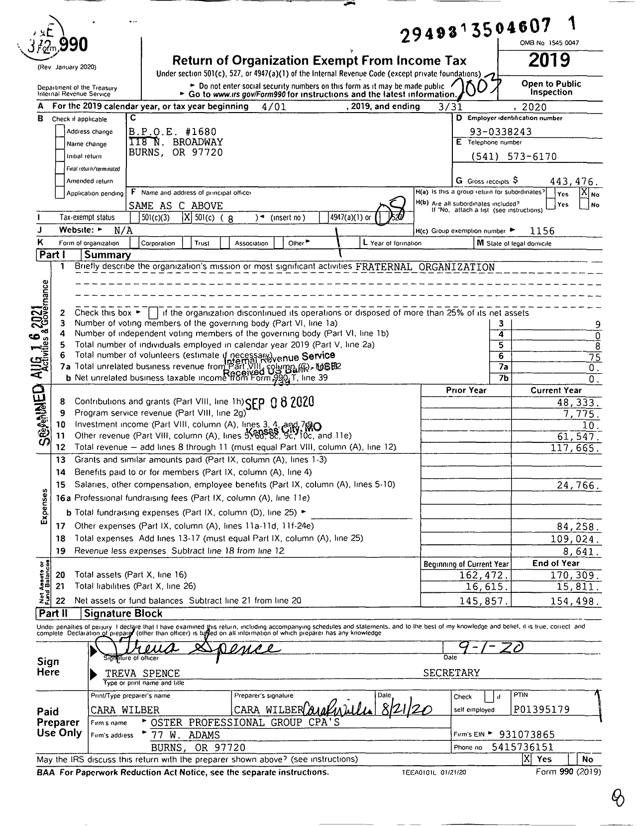 Image of first page of 2019 Form 990O for Benevolent and Protective Order of Elks - 1680 Burns