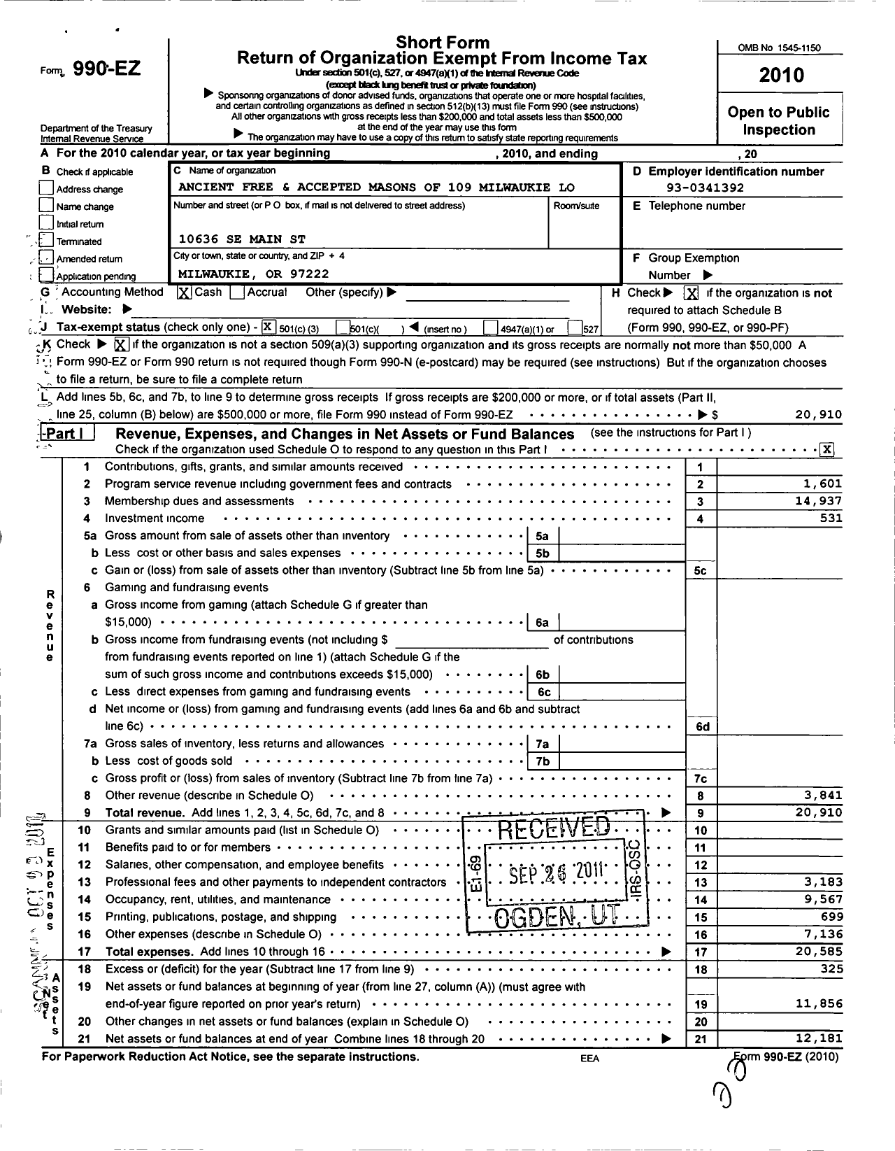 Image of first page of 2010 Form 990EZ for Ancient Free and Accepted Masons of Oregon - 109 Milwaukie Lodge