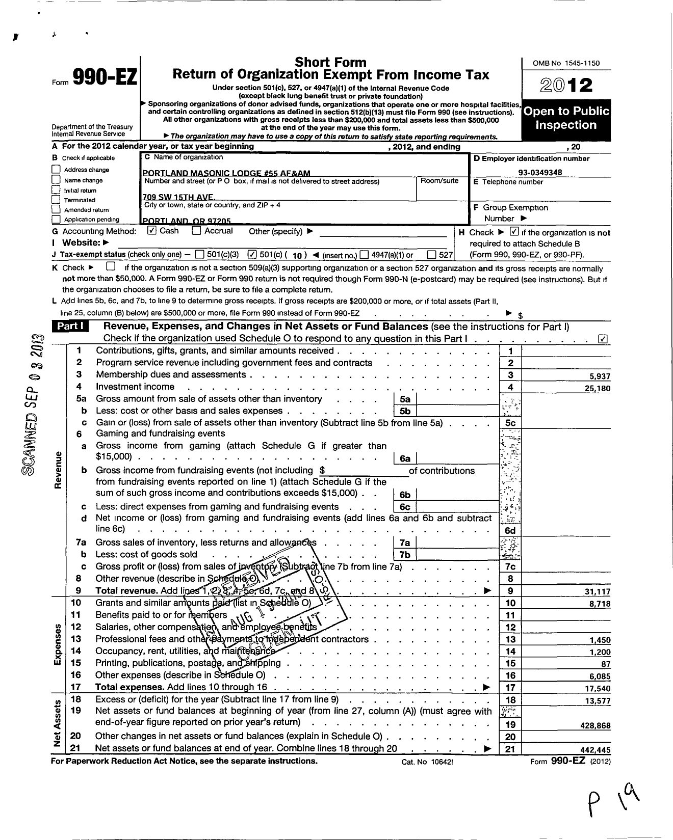 Image of first page of 2012 Form 990EO for ANCIENT FREE and ACCEPTED MASONS OF OREGON - 55 Portland Lodge