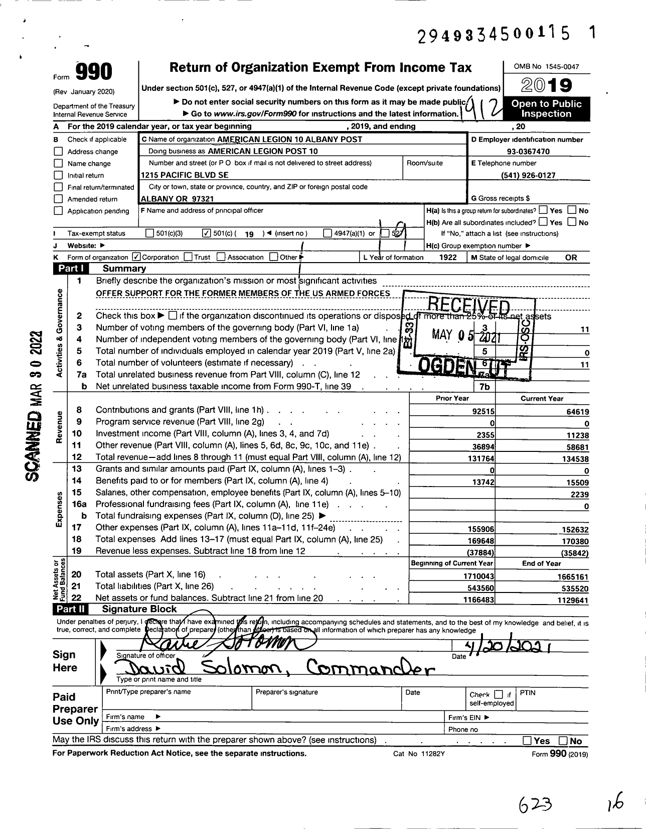 Image of first page of 2019 Form 990O for American Legion - 10 Albany