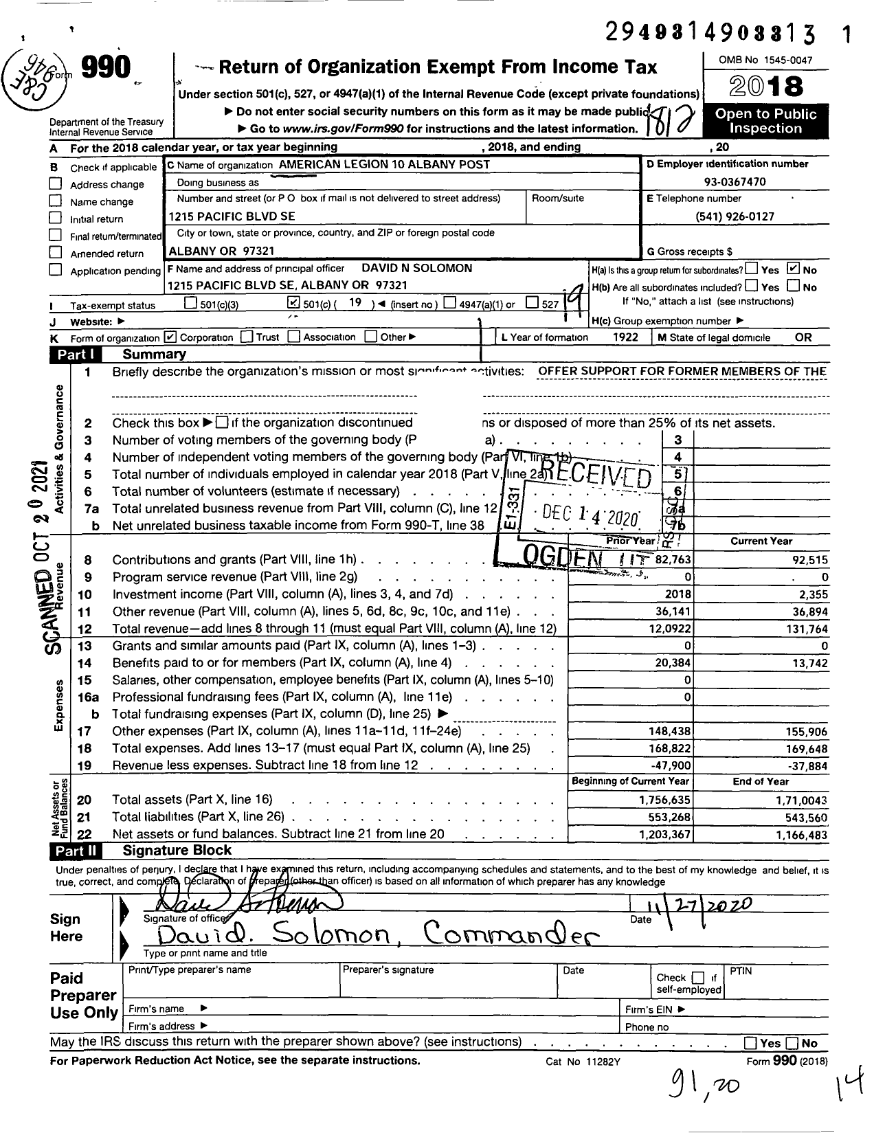 Image of first page of 2018 Form 990O for American Legion - 10 Albany
