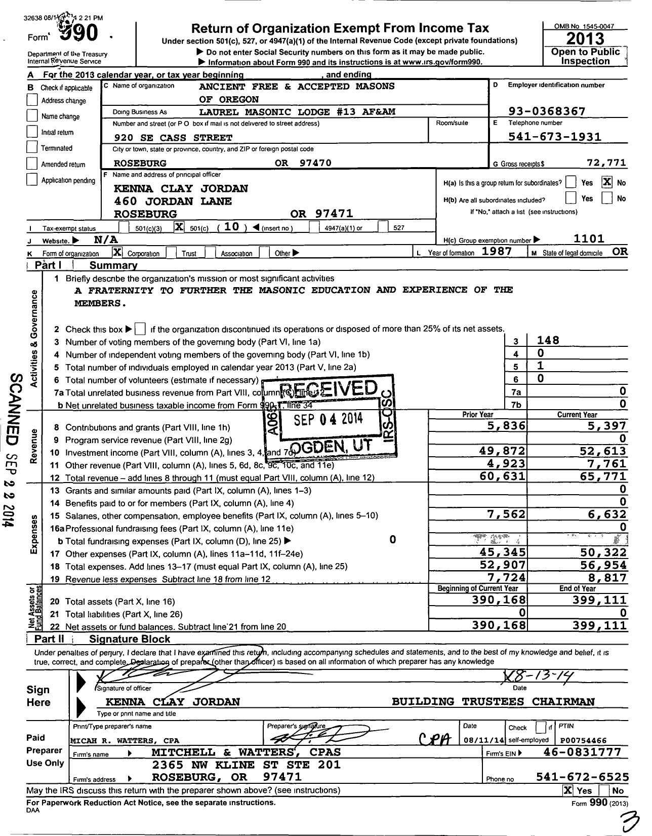 Image of first page of 2013 Form 990O for Ancient Free and Accepted Masons of Oregon - 13 Laurel Lodge