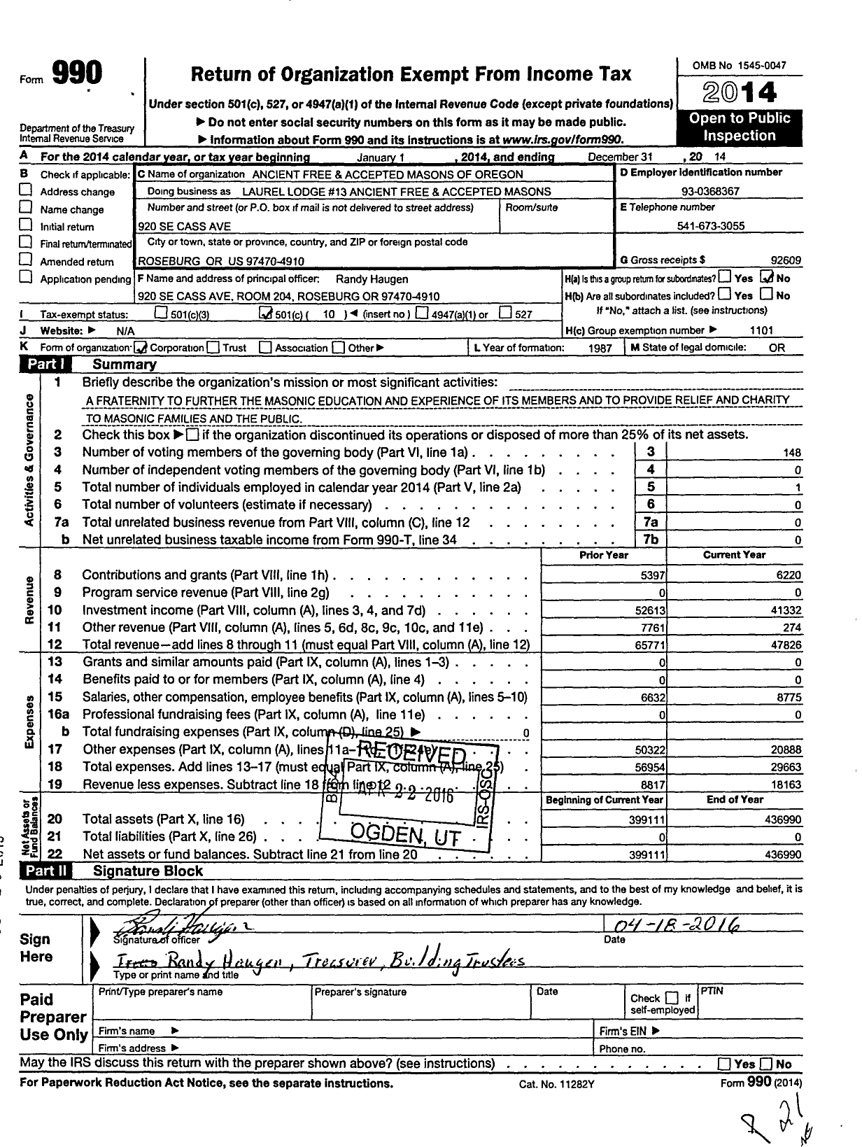 Image of first page of 2014 Form 990O for Ancient Free and Accepted Masons of Oregon - 13 Laurel Lodge