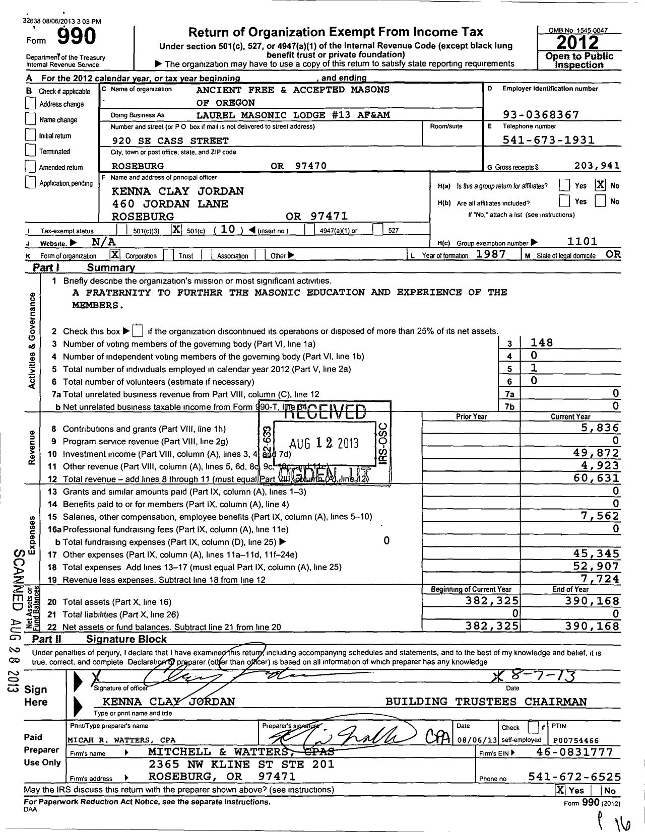 Image of first page of 2012 Form 990O for Ancient Free and Accepted Masons of Oregon - 13 Laurel Lodge