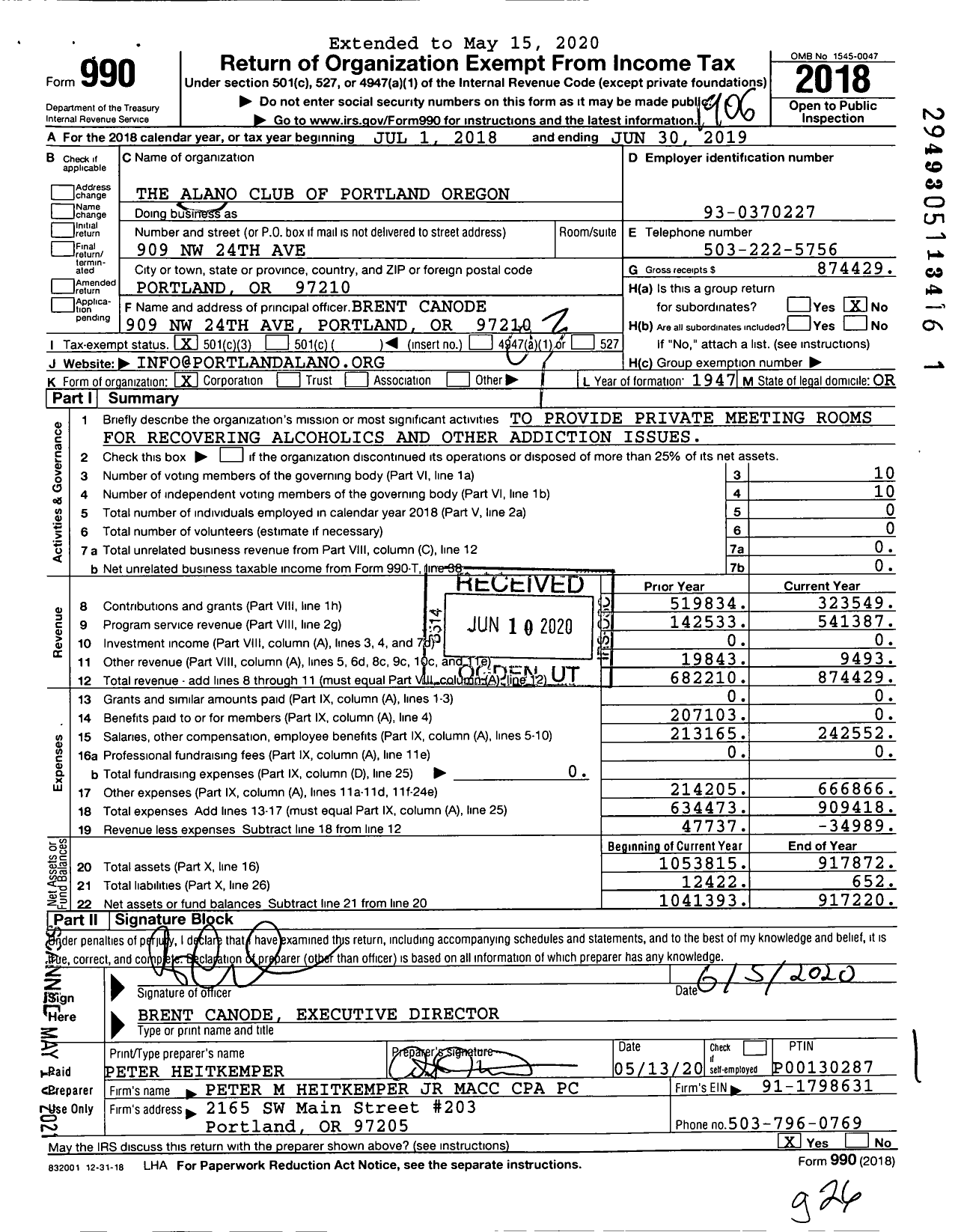 Image of first page of 2018 Form 990 for The Alano Club of Portland Oregon