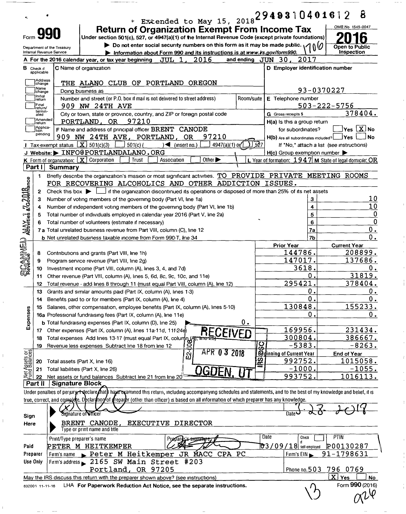 Image of first page of 2016 Form 990 for The Alano Club of Portland Oregon