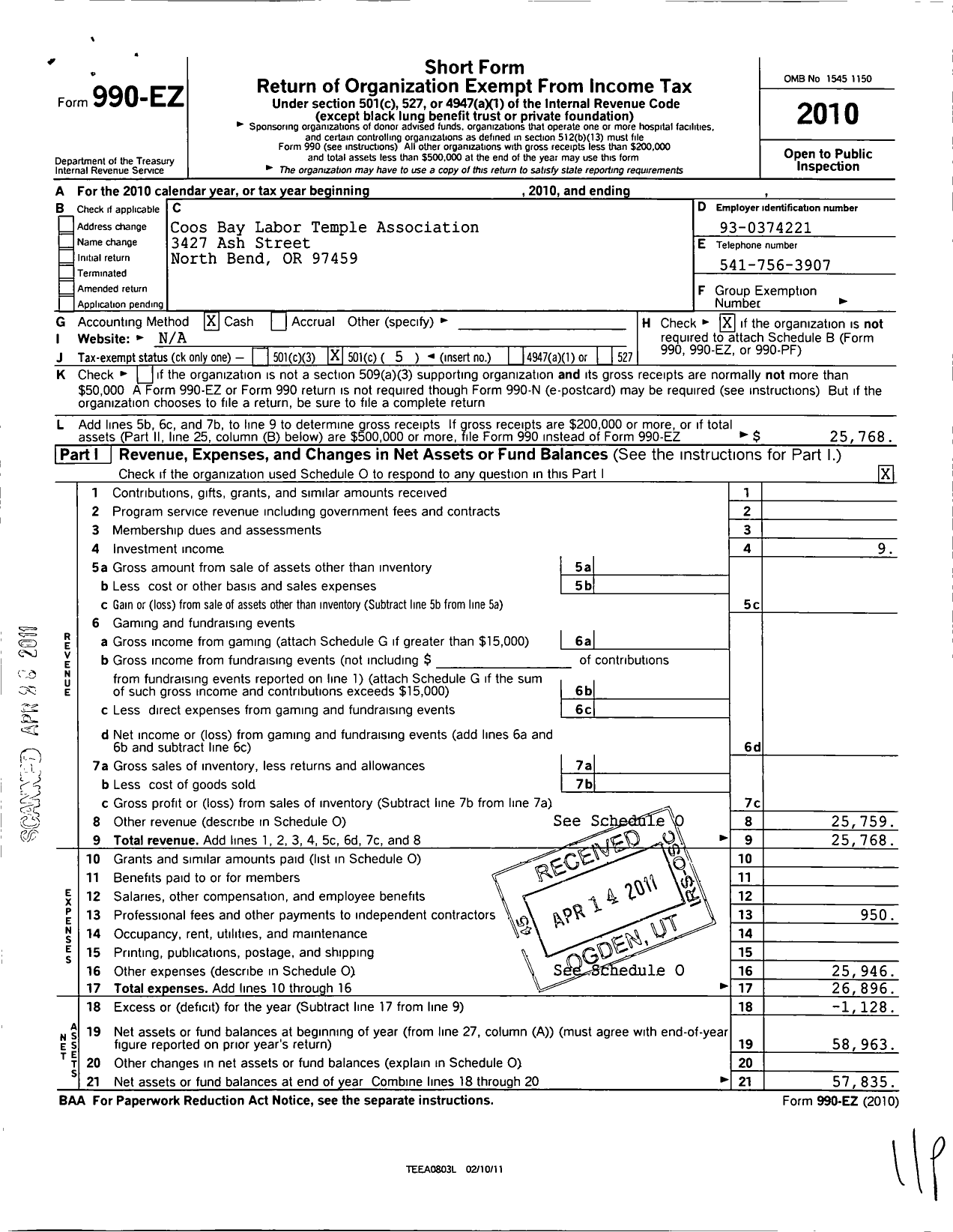 Image of first page of 2010 Form 990EO for Coos Bay Labor Temple Association