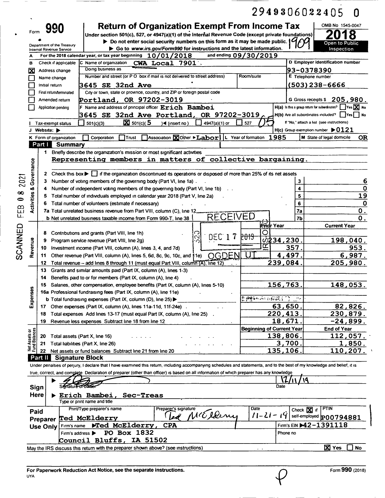 Image of first page of 2018 Form 990O for Communications Workers of America - 7901 Local