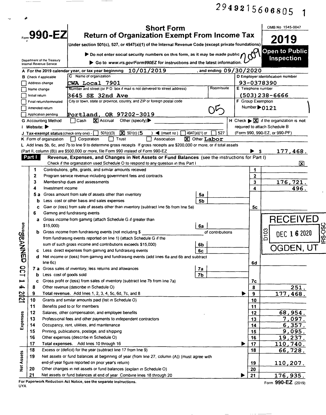 Image of first page of 2019 Form 990EO for Communications Workers of America - 7901 Local