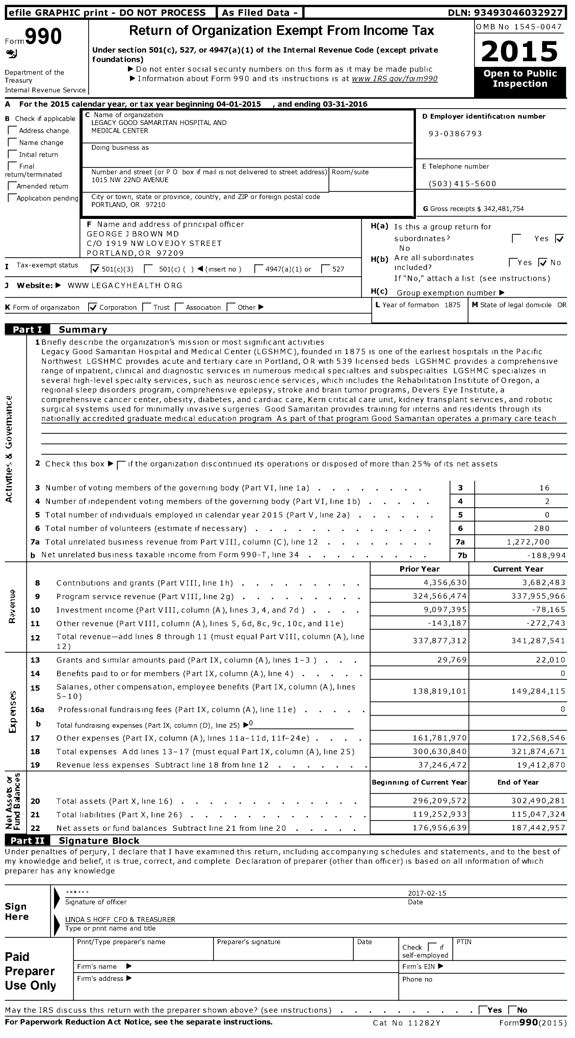 Image of first page of 2015 Form 990 for Legacy Good Samaritan Medical Center