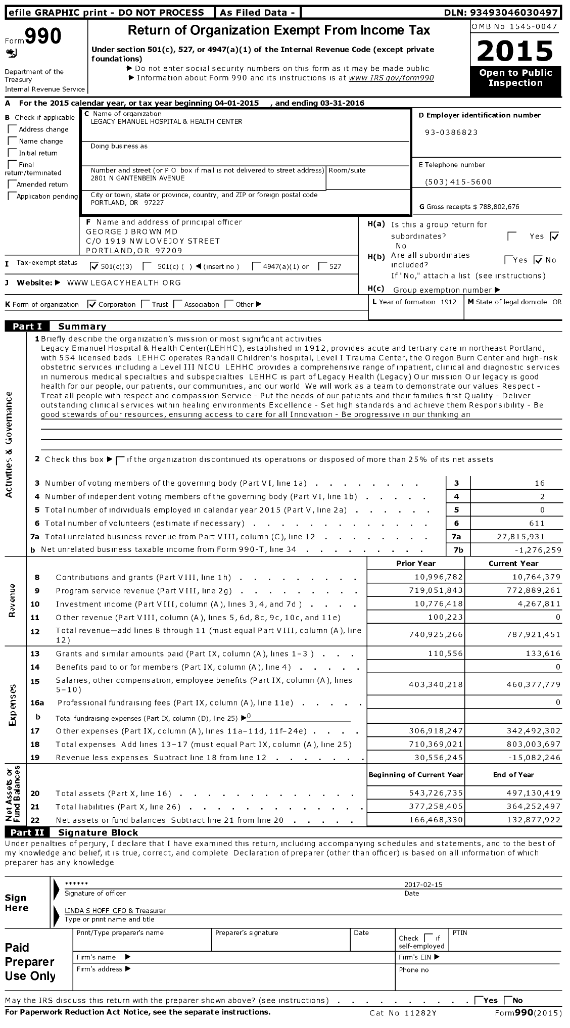 Image of first page of 2015 Form 990 for Legacy Emanuel Medical Center