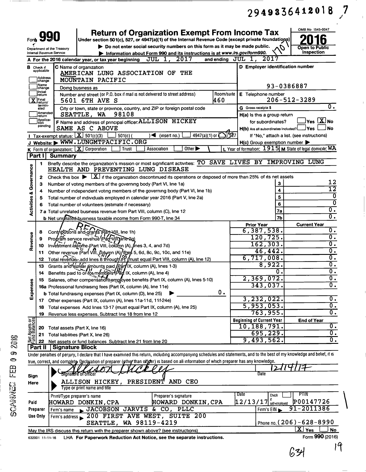 Image of first page of 2016 Form 990 for American Lung Association of the Mountain Pacific