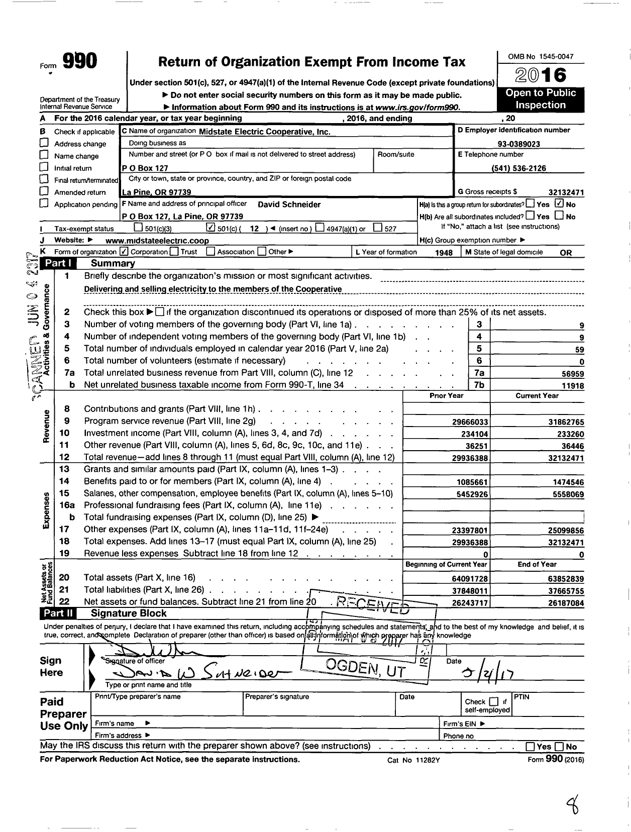 Image of first page of 2016 Form 990O for Midstate Electric Cooperative
