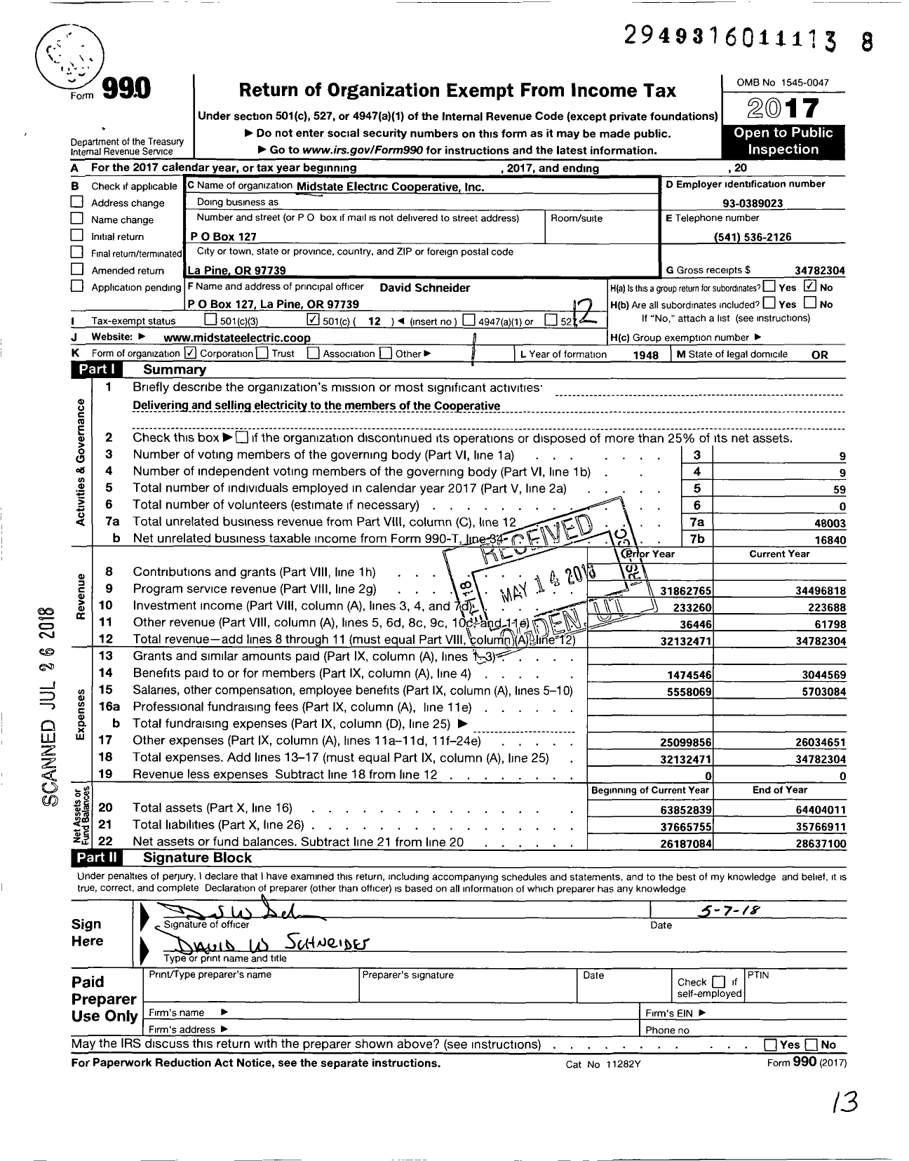 Image of first page of 2017 Form 990O for Midstate Electric Cooperative