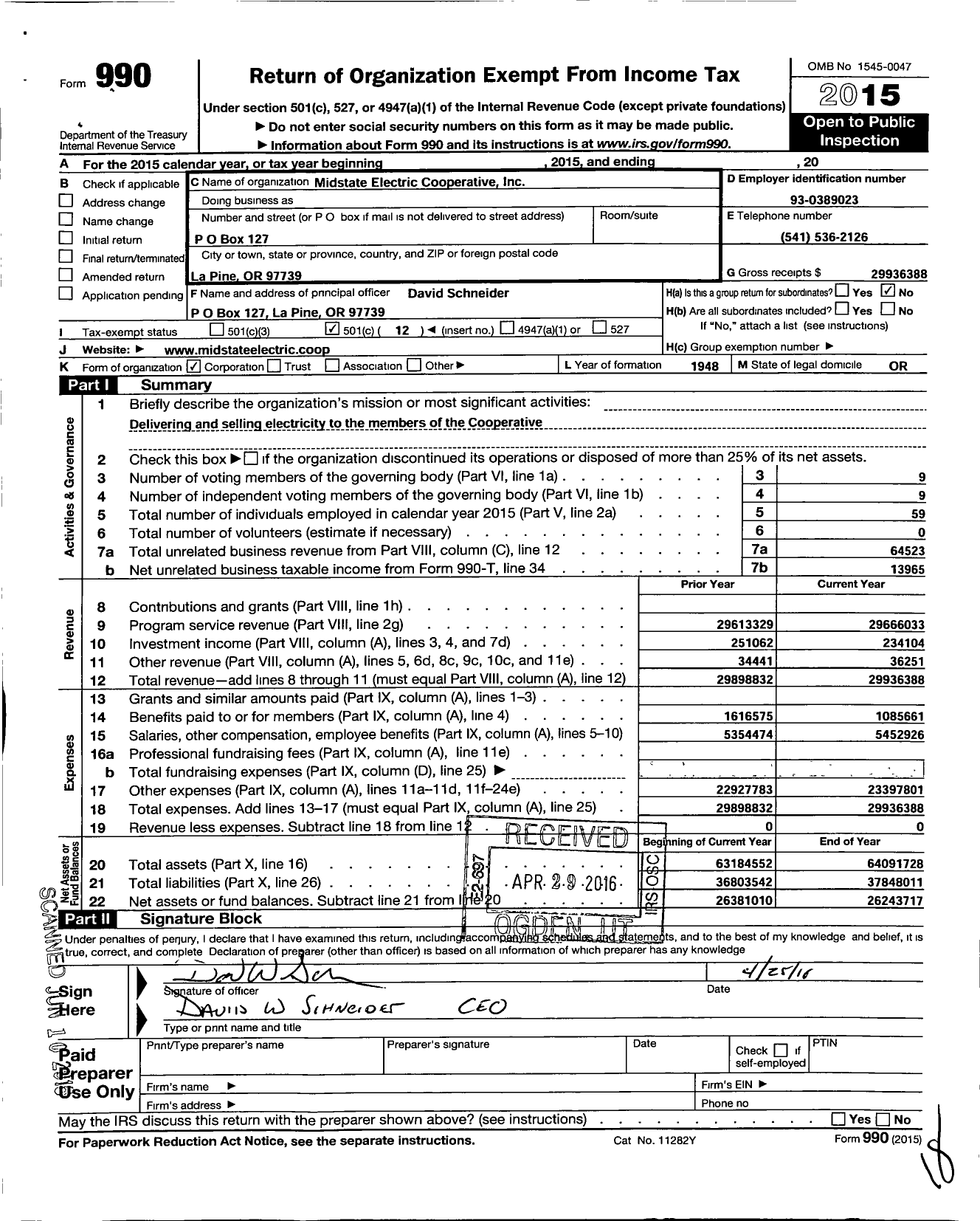 Image of first page of 2015 Form 990O for Midstate Electric Cooperative