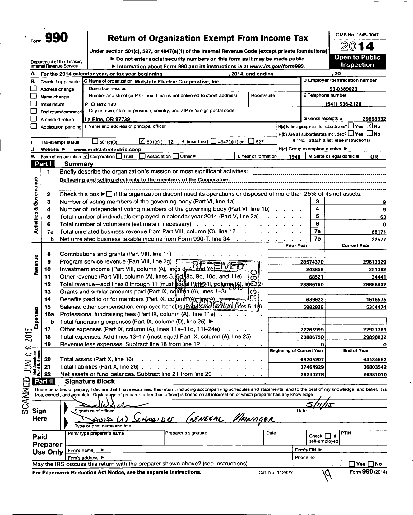 Image of first page of 2014 Form 990O for Midstate Electric Cooperative