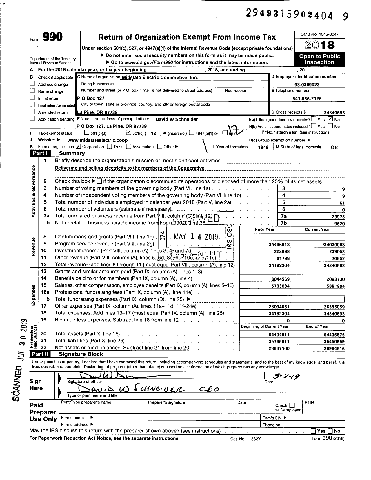 Image of first page of 2018 Form 990O for Midstate Electric Cooperative