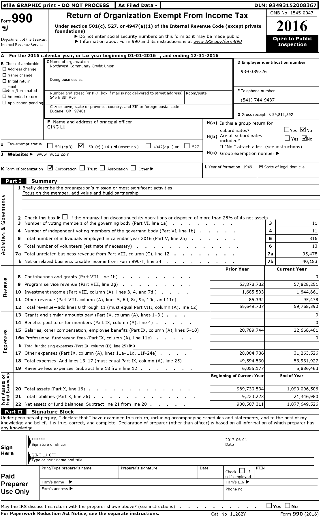 Image of first page of 2016 Form 990O for Northwest Community Credit Union (NWCU)
