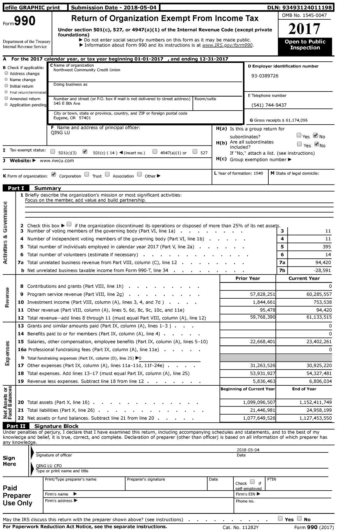 Image of first page of 2017 Form 990 for Northwest Community Credit Union (NWCU)