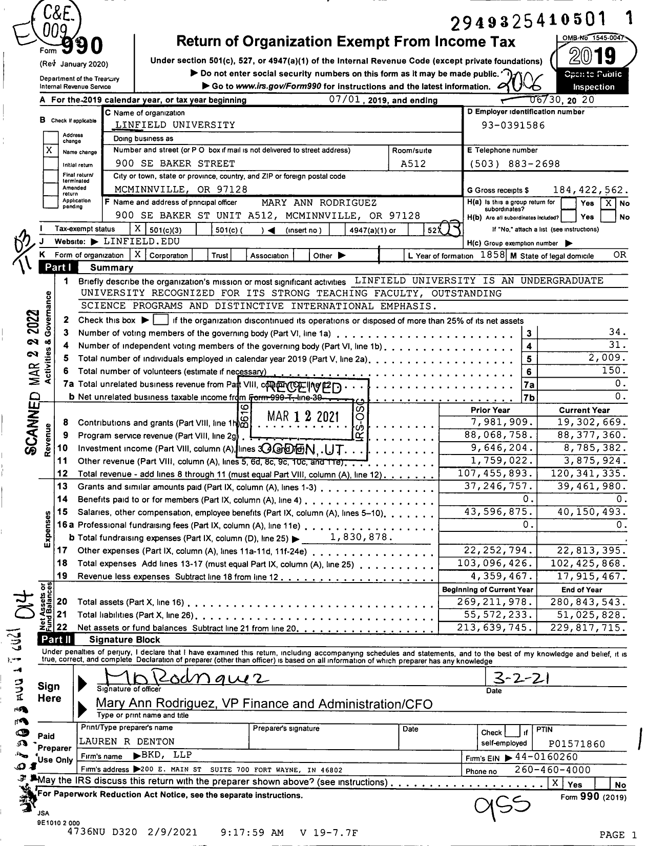 Image of first page of 2019 Form 990 for Linfield University